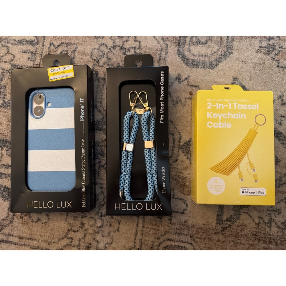 Hello Lux iPhone 17 Case Blue Stripe Wristlet and 2-In-1 Tassel Keychain Cable